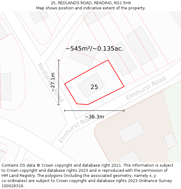 25, REDLANDS ROAD, READING, RG1 5HX: Plot and title map