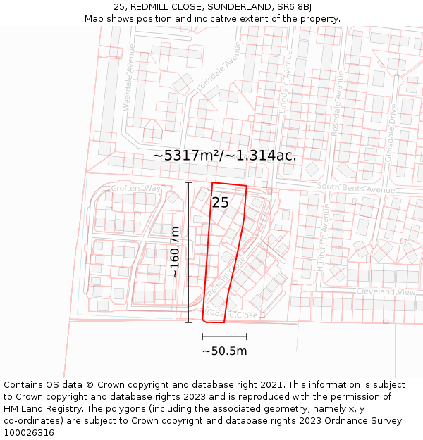 25, REDMILL CLOSE, SUNDERLAND, SR6 8BJ: Plot and title map