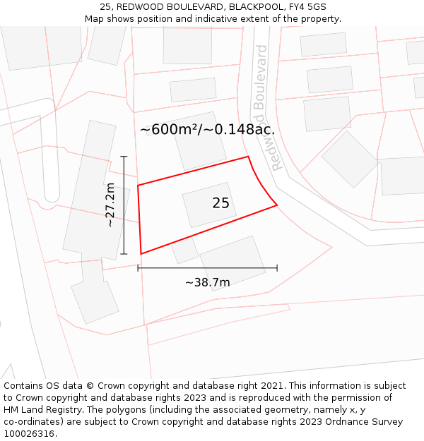 25, REDWOOD BOULEVARD, BLACKPOOL, FY4 5GS: Plot and title map