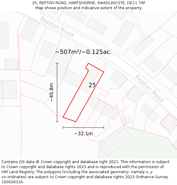 25, REPTON ROAD, HARTSHORNE, SWADLINCOTE, DE11 7AF: Plot and title map