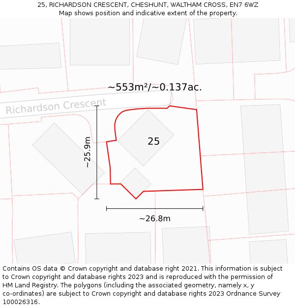 25, RICHARDSON CRESCENT, CHESHUNT, WALTHAM CROSS, EN7 6WZ: Plot and title map