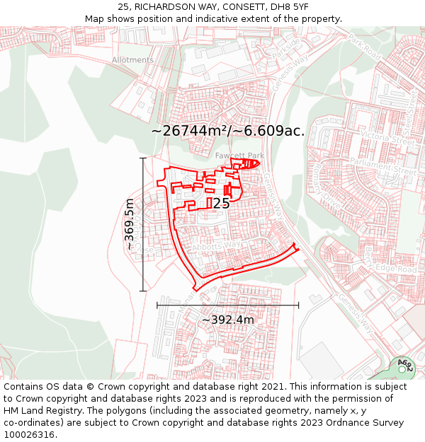 25, RICHARDSON WAY, CONSETT, DH8 5YF: Plot and title map