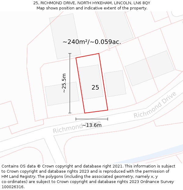 25, RICHMOND DRIVE, NORTH HYKEHAM, LINCOLN, LN6 8QY: Plot and title map