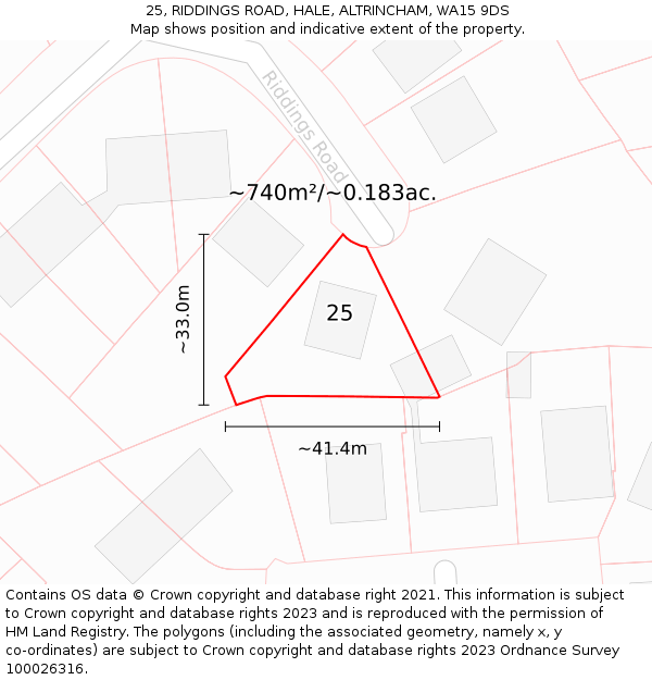 25, RIDDINGS ROAD, HALE, ALTRINCHAM, WA15 9DS: Plot and title map