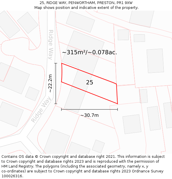 25, RIDGE WAY, PENWORTHAM, PRESTON, PR1 9XW: Plot and title map