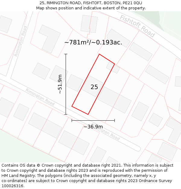 25, RIMINGTON ROAD, FISHTOFT, BOSTON, PE21 0QU: Plot and title map