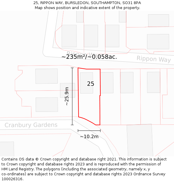 25, RIPPON WAY, BURSLEDON, SOUTHAMPTON, SO31 8PA: Plot and title map