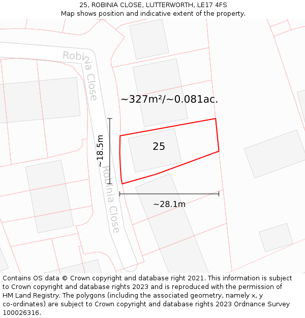 25, ROBINIA CLOSE, LUTTERWORTH, LE17 4FS: Plot and title map