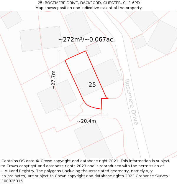 25, ROSEMERE DRIVE, BACKFORD, CHESTER, CH1 6PD: Plot and title map