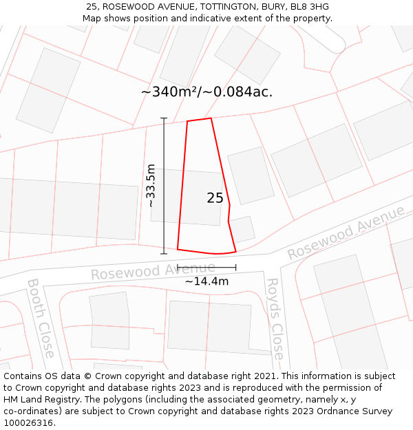 25, ROSEWOOD AVENUE, TOTTINGTON, BURY, BL8 3HG: Plot and title map