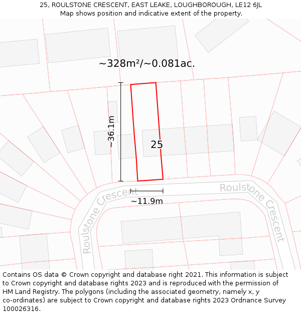 25, ROULSTONE CRESCENT, EAST LEAKE, LOUGHBOROUGH, LE12 6JL: Plot and title map