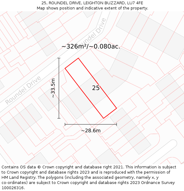 25, ROUNDEL DRIVE, LEIGHTON BUZZARD, LU7 4FE: Plot and title map