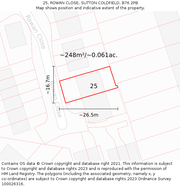 25, ROWAN CLOSE, SUTTON COLDFIELD, B76 2PB: Plot and title map