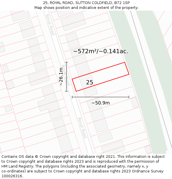 25, ROYAL ROAD, SUTTON COLDFIELD, B72 1SP: Plot and title map