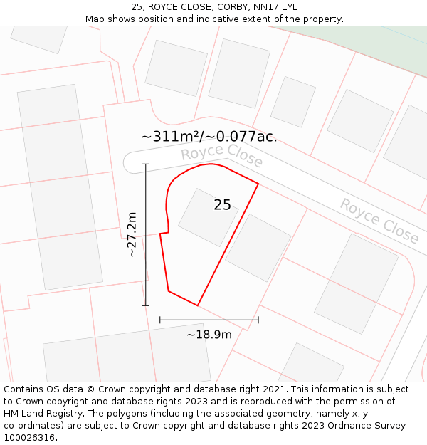 25, ROYCE CLOSE, CORBY, NN17 1YL: Plot and title map