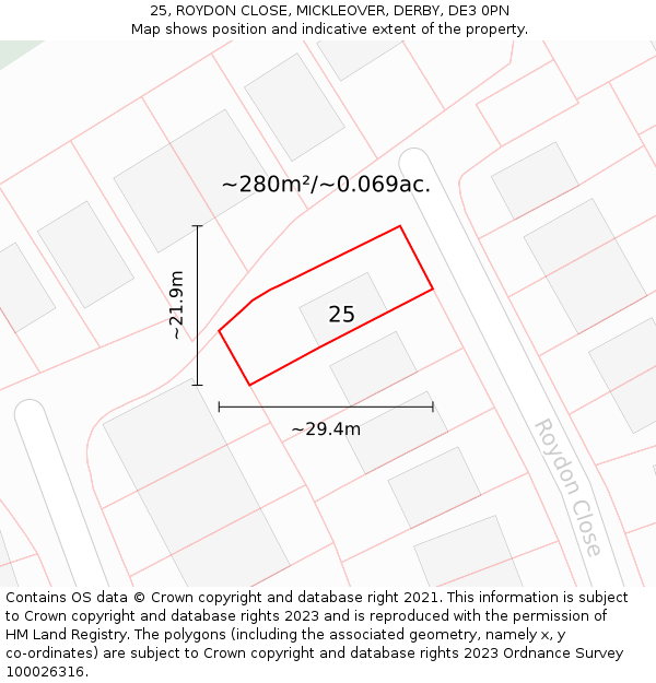 25, ROYDON CLOSE, MICKLEOVER, DERBY, DE3 0PN: Plot and title map