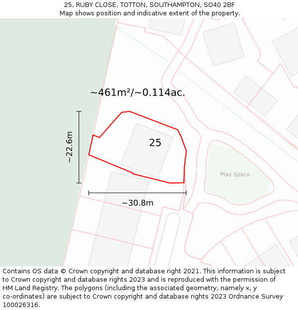 25, RUBY CLOSE, TOTTON, SOUTHAMPTON, SO40 2BF: Plot and title map