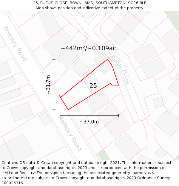 25, RUFUS CLOSE, ROWNHAMS, SOUTHAMPTON, SO16 8LR: Plot and title map