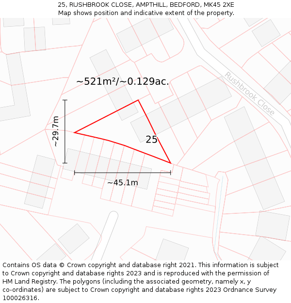 25, RUSHBROOK CLOSE, AMPTHILL, BEDFORD, MK45 2XE: Plot and title map