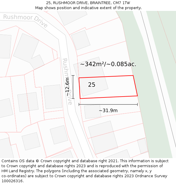 25, RUSHMOOR DRIVE, BRAINTREE, CM7 1TW: Plot and title map