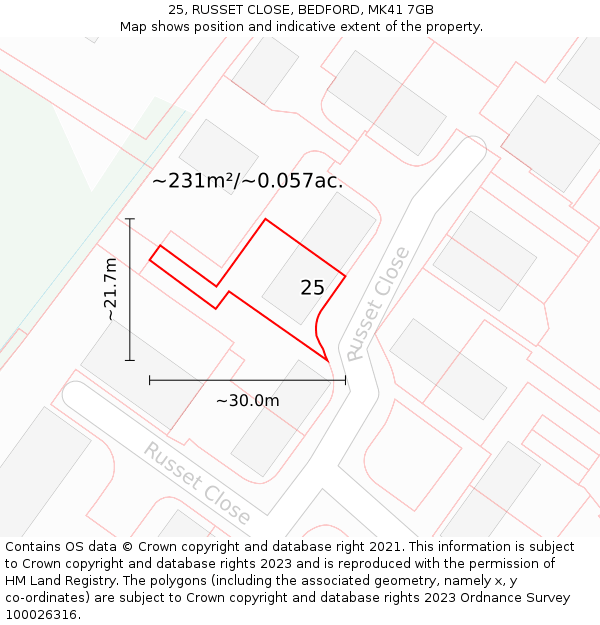 25, RUSSET CLOSE, BEDFORD, MK41 7GB: Plot and title map