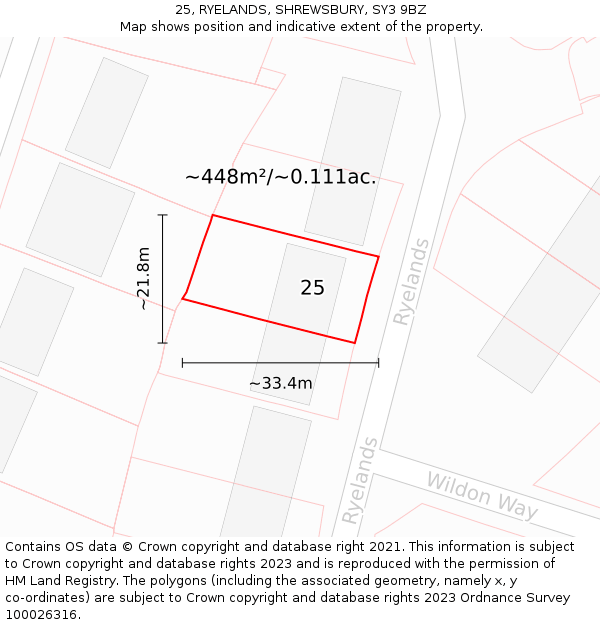 25, RYELANDS, SHREWSBURY, SY3 9BZ: Plot and title map