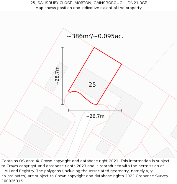 25, SALISBURY CLOSE, MORTON, GAINSBOROUGH, DN21 3GB: Plot and title map