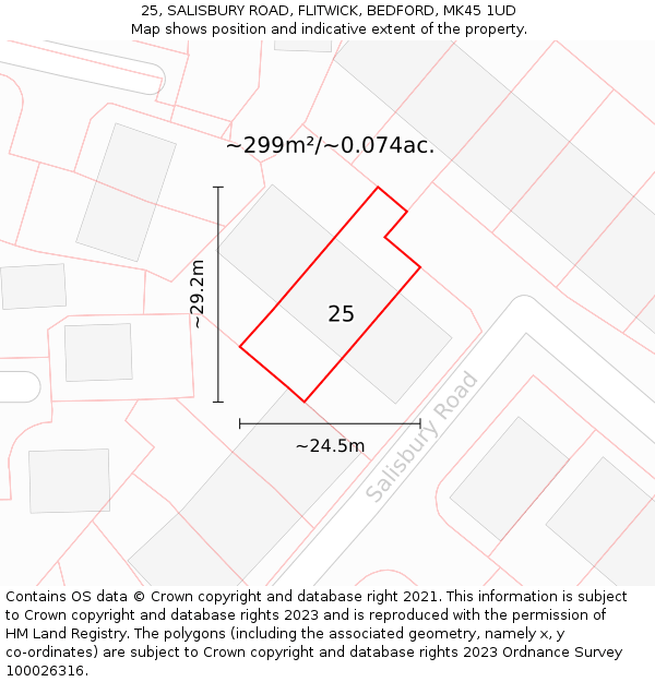 25, SALISBURY ROAD, FLITWICK, BEDFORD, MK45 1UD: Plot and title map