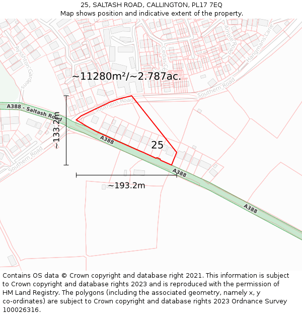 25, SALTASH ROAD, CALLINGTON, PL17 7EQ: Plot and title map
