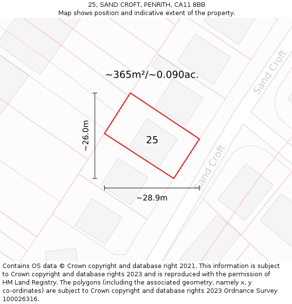 25, SAND CROFT, PENRITH, CA11 8BB: Plot and title map