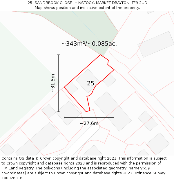 25, SANDBROOK CLOSE, HINSTOCK, MARKET DRAYTON, TF9 2UD: Plot and title map
