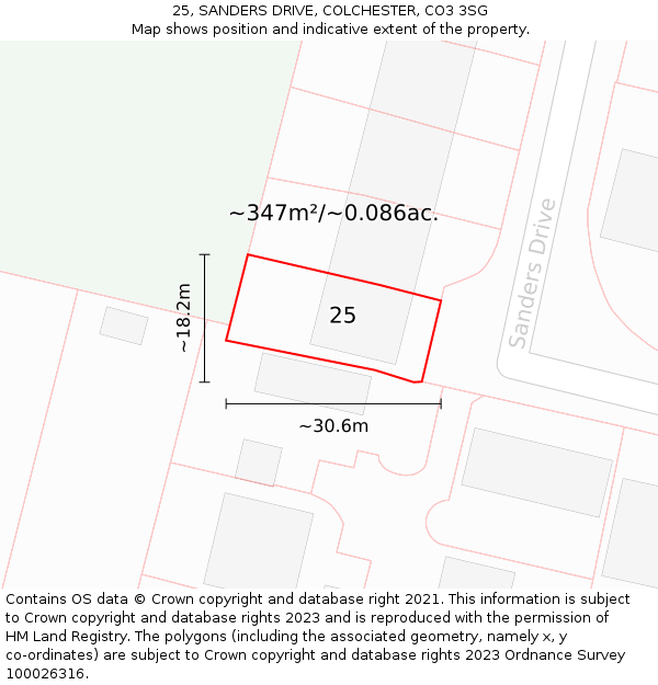25, SANDERS DRIVE, COLCHESTER, CO3 3SG: Plot and title map