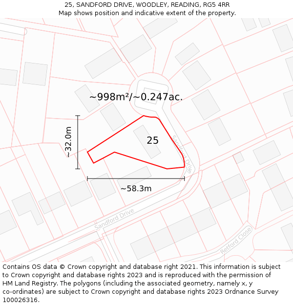 25, SANDFORD DRIVE, WOODLEY, READING, RG5 4RR: Plot and title map