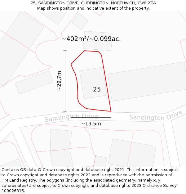 25, SANDINGTON DRIVE, CUDDINGTON, NORTHWICH, CW8 2ZA: Plot and title map
