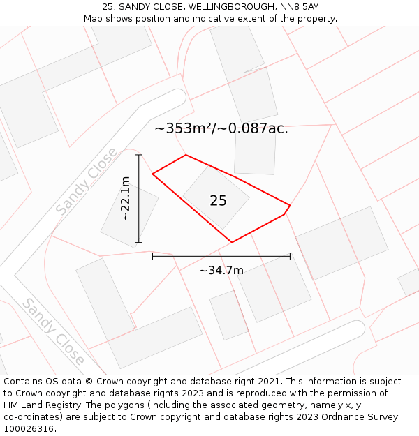 25, SANDY CLOSE, WELLINGBOROUGH, NN8 5AY: Plot and title map