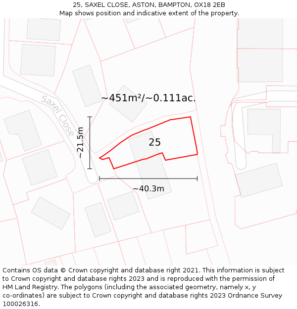 25, SAXEL CLOSE, ASTON, BAMPTON, OX18 2EB: Plot and title map