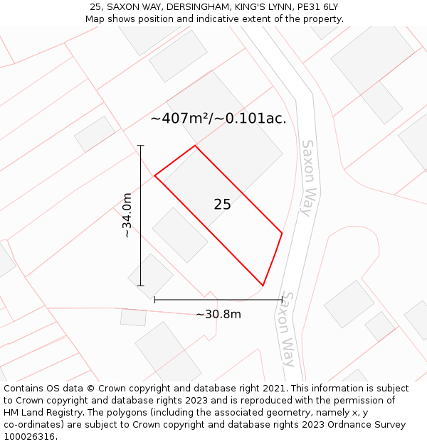 25, SAXON WAY, DERSINGHAM, KING'S LYNN, PE31 6LY: Plot and title map