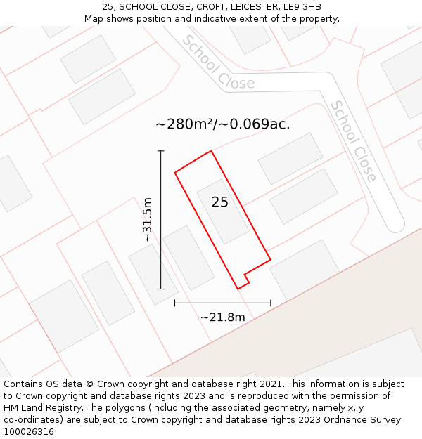 25, SCHOOL CLOSE, CROFT, LEICESTER, LE9 3HB: Plot and title map
