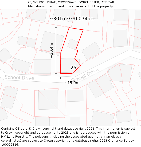 25, SCHOOL DRIVE, CROSSWAYS, DORCHESTER, DT2 8WR: Plot and title map