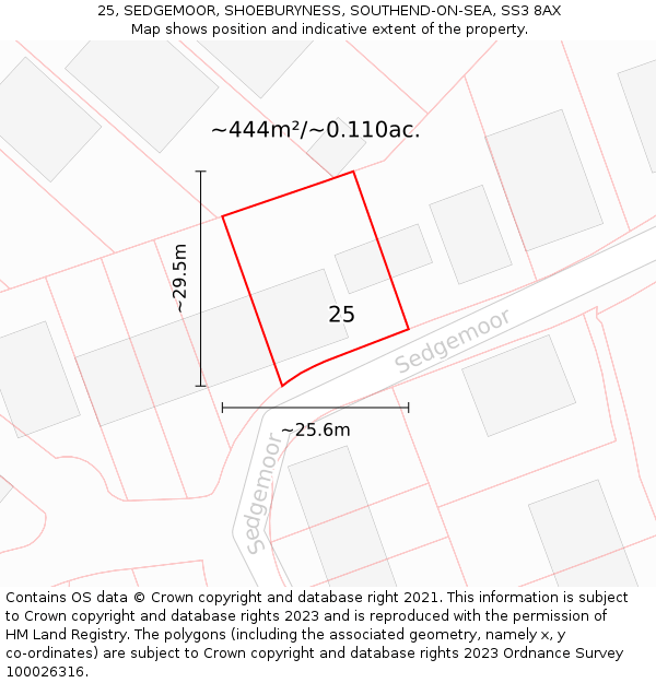 25, SEDGEMOOR, SHOEBURYNESS, SOUTHEND-ON-SEA, SS3 8AX: Plot and title map
