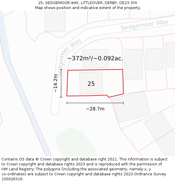 25, SEDGEMOOR WAY, LITTLEOVER, DERBY, DE23 3YX: Plot and title map