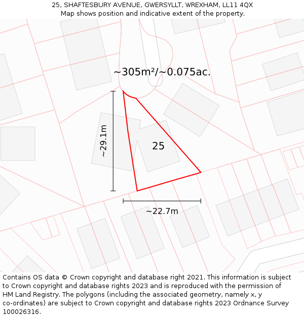 25, SHAFTESBURY AVENUE, GWERSYLLT, WREXHAM, LL11 4QX: Plot and title map