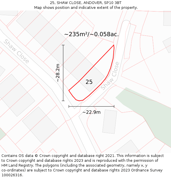 25, SHAW CLOSE, ANDOVER, SP10 3BT: Plot and title map