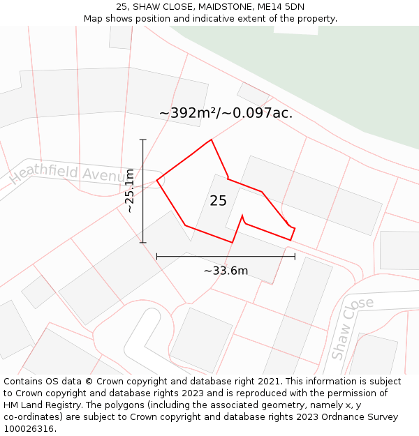 25, SHAW CLOSE, MAIDSTONE, ME14 5DN: Plot and title map