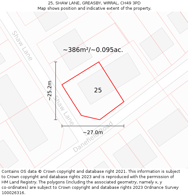 25, SHAW LANE, GREASBY, WIRRAL, CH49 3PD: Plot and title map