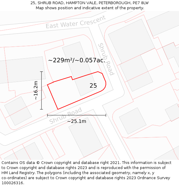 25, SHRUB ROAD, HAMPTON VALE, PETERBOROUGH, PE7 8LW: Plot and title map