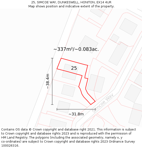 25, SIMCOE WAY, DUNKESWELL, HONITON, EX14 4UR: Plot and title map