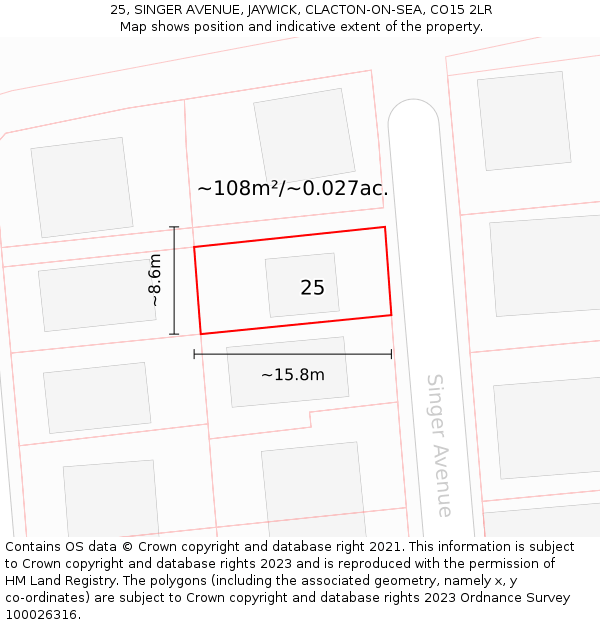 25, SINGER AVENUE, JAYWICK, CLACTON-ON-SEA, CO15 2LR: Plot and title map