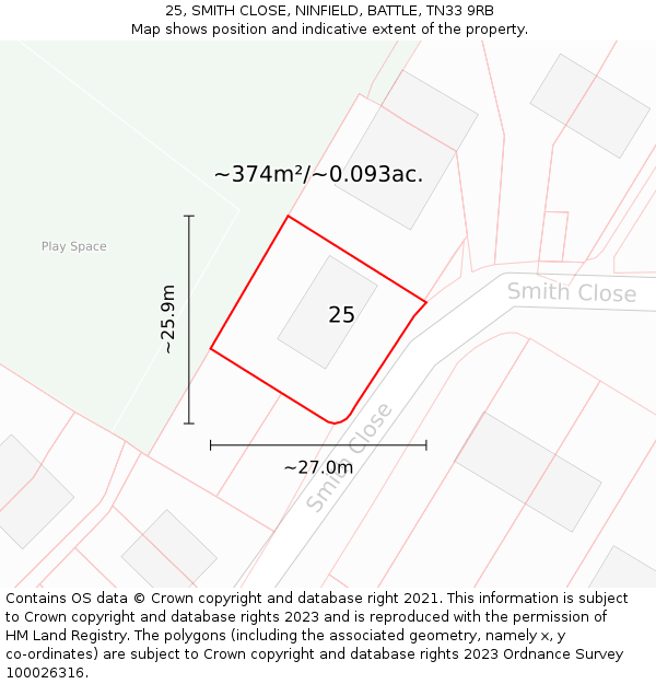 25, SMITH CLOSE, NINFIELD, BATTLE, TN33 9RB: Plot and title map