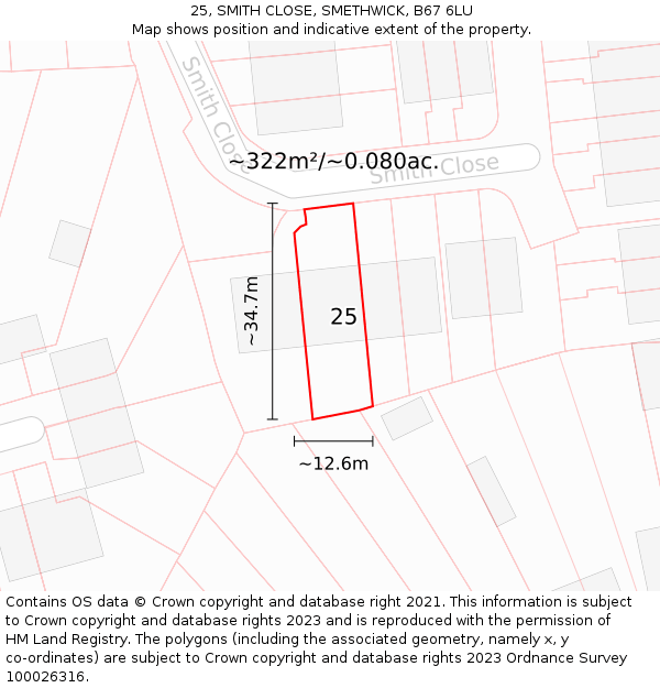 25, SMITH CLOSE, SMETHWICK, B67 6LU: Plot and title map